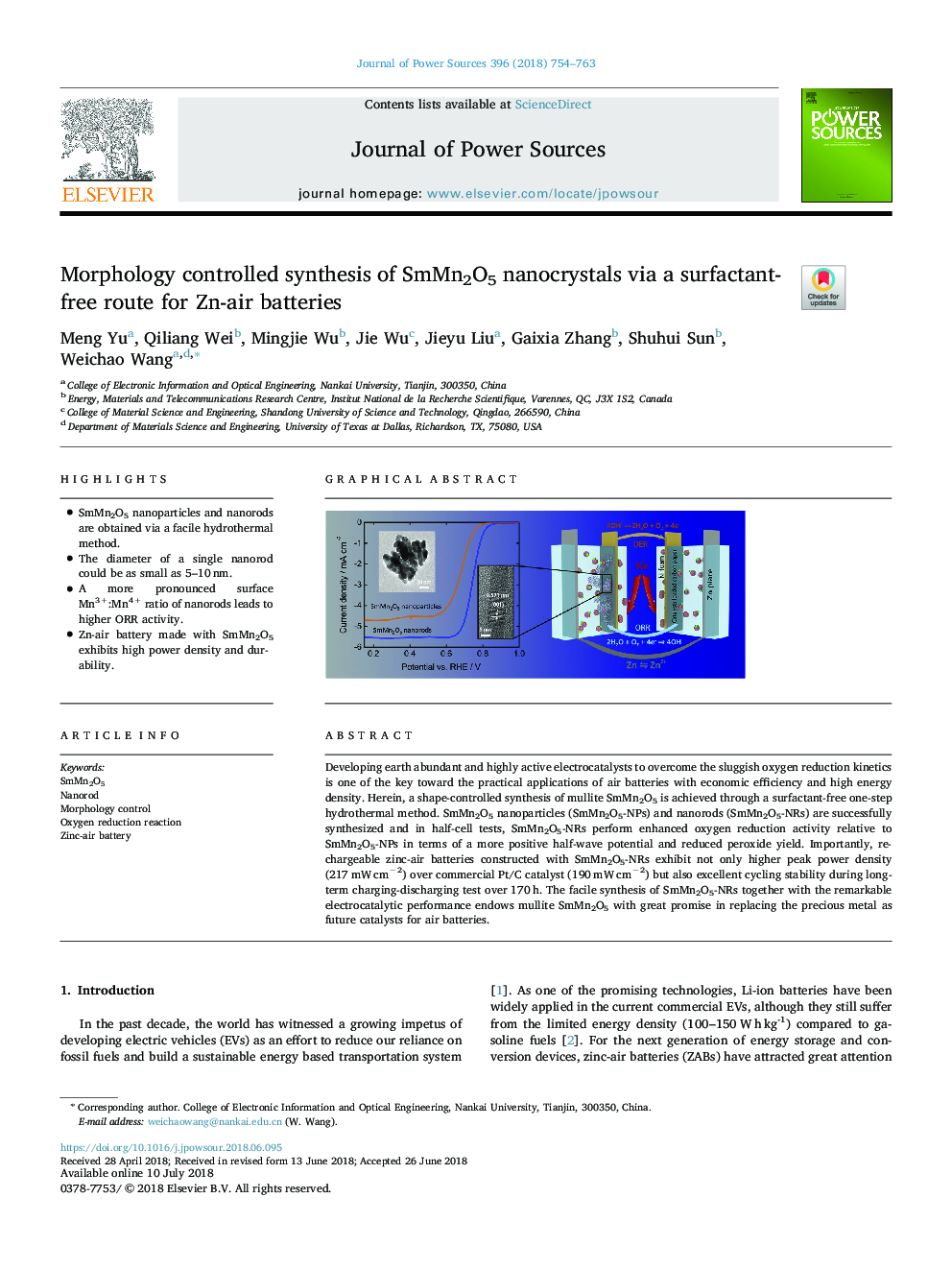 Morphology controlled synthesis of SmMn2O5 nanocrystals via a surfactant-free route for Zn-air batteries