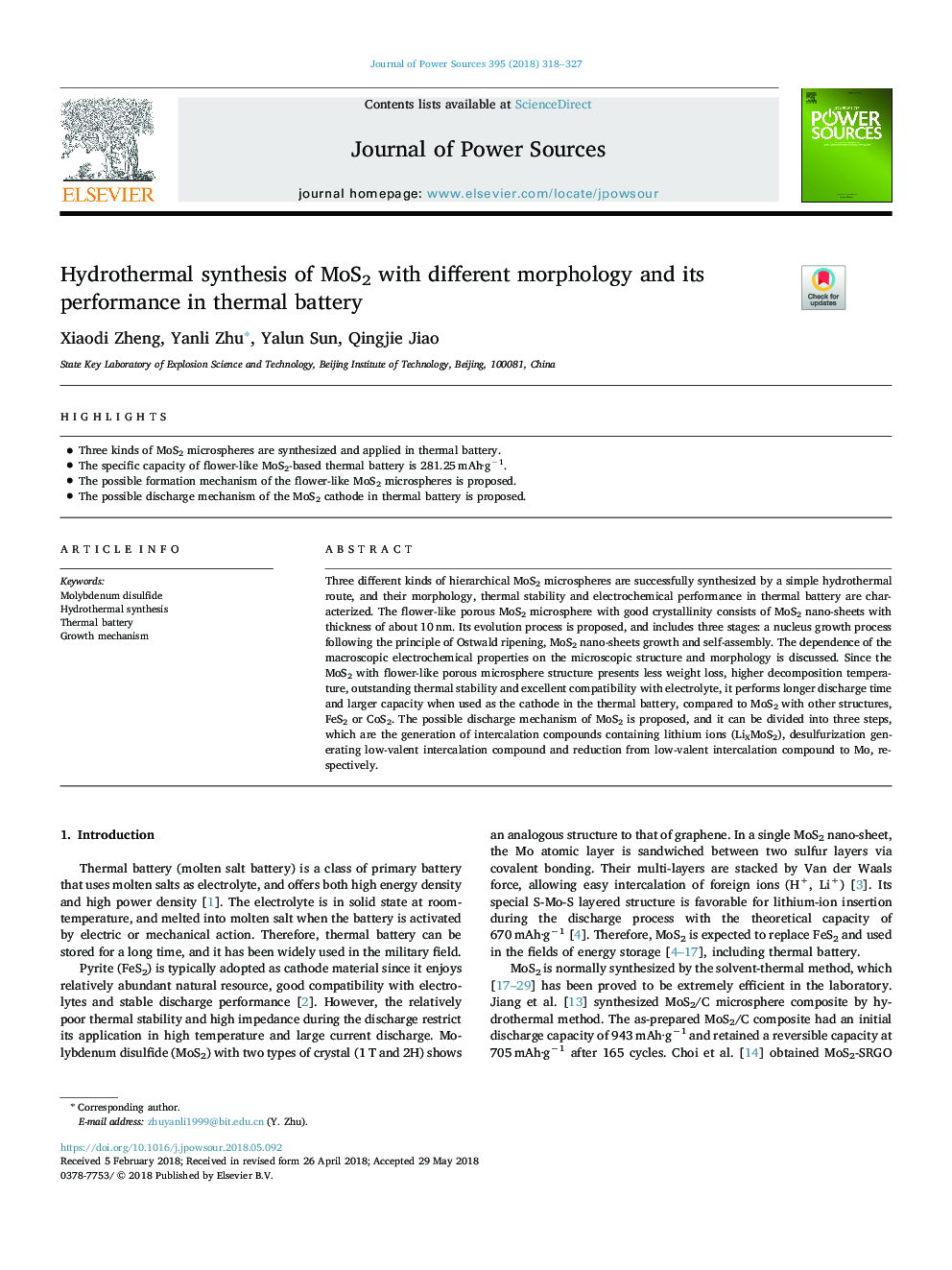 Hydrothermal synthesis of MoS2 with different morphology and its performance in thermal battery