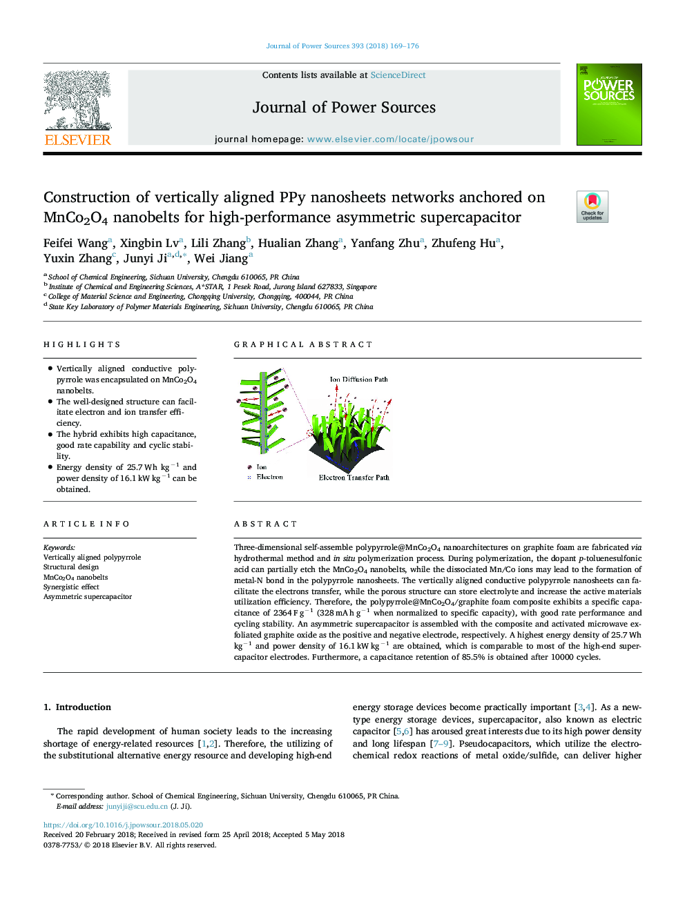 Construction of vertically aligned PPy nanosheets networks anchored on MnCo2O4 nanobelts for high-performance asymmetric supercapacitor