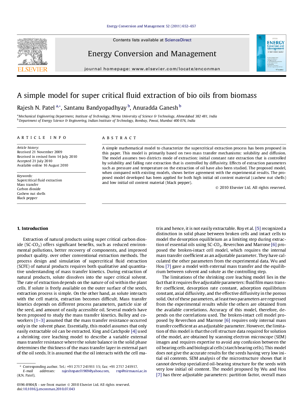 A simple model for super critical fluid extraction of bio oils from biomass