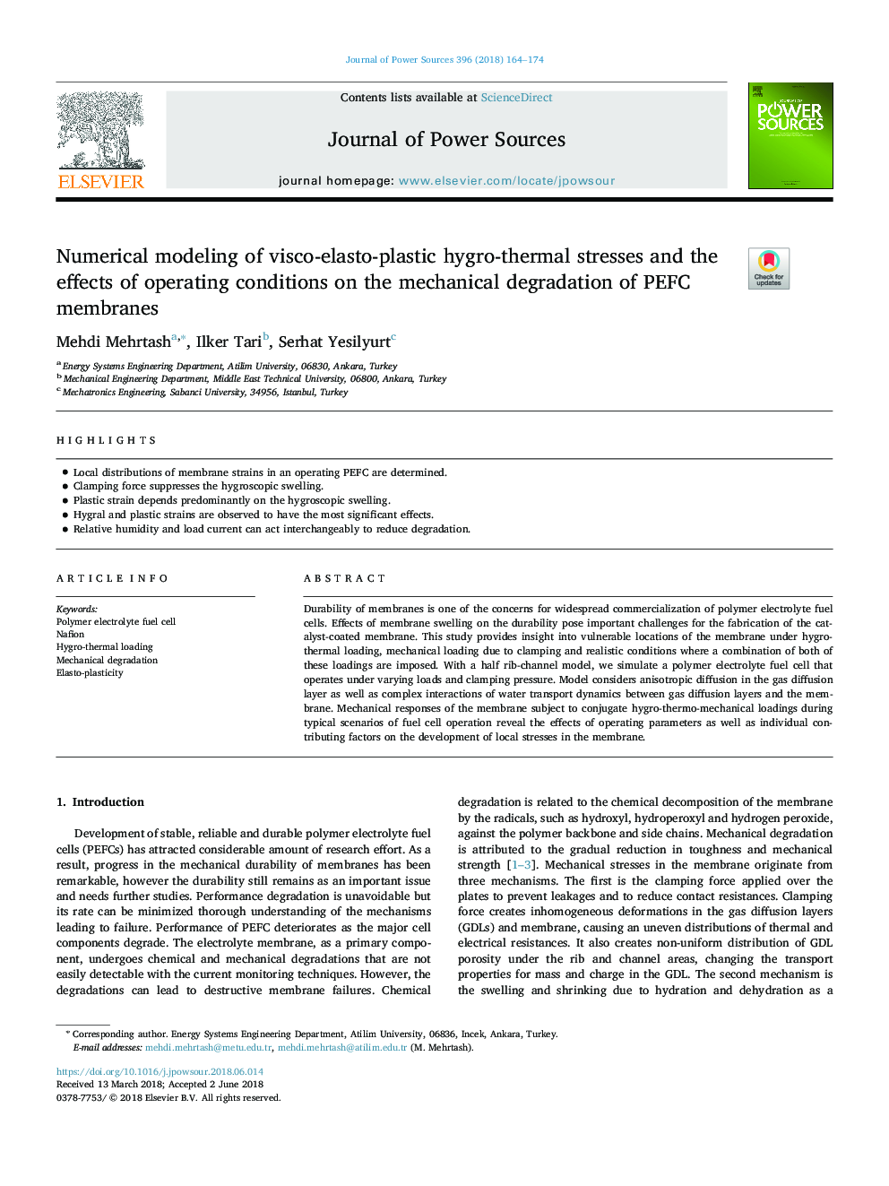 Numerical modeling of visco-elasto-plastic hygro-thermal stresses and the effects of operating conditions on the mechanical degradation of PEFC membranes