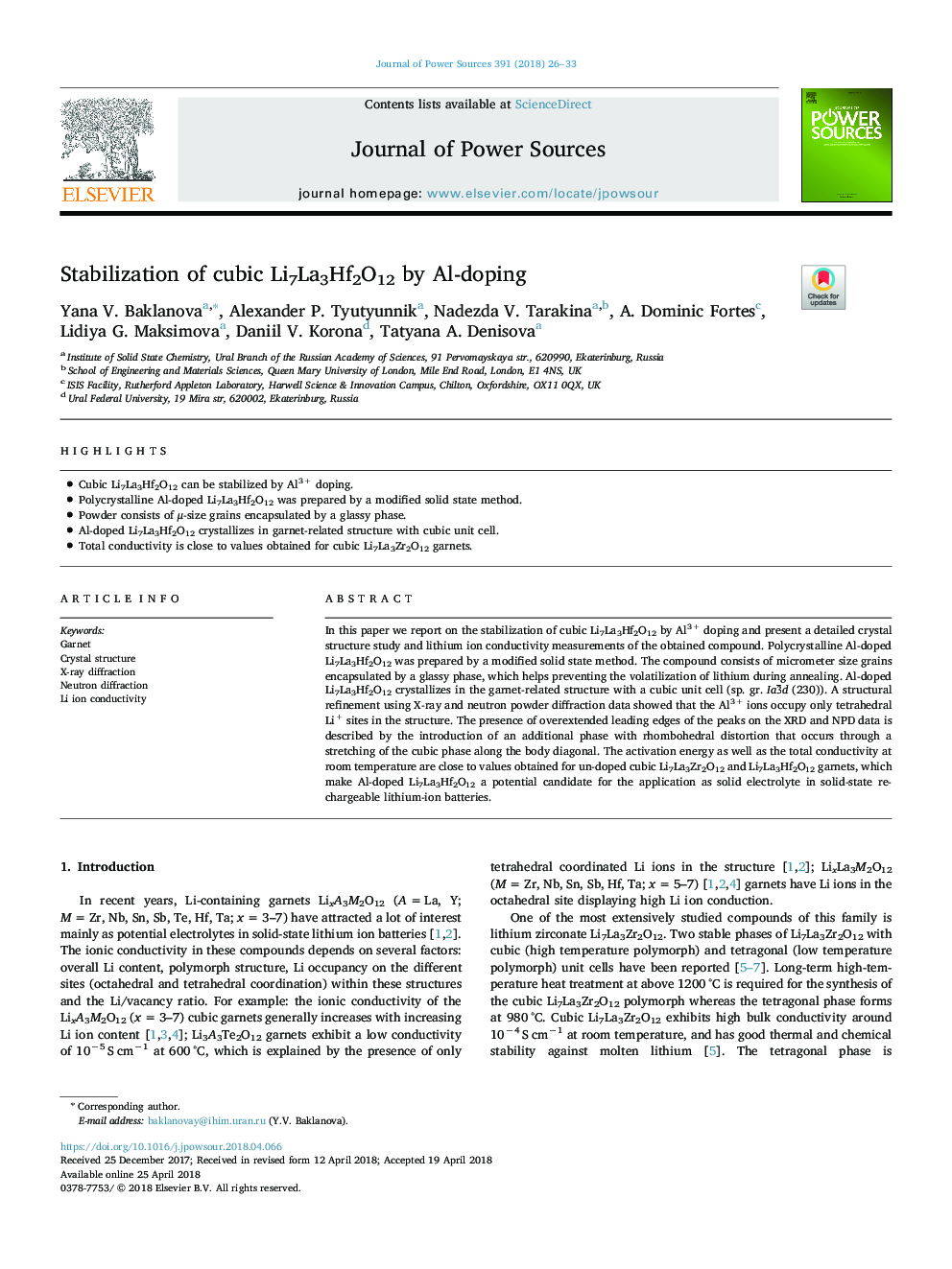 Stabilization of cubic Li7La3Hf2O12 by Al-doping