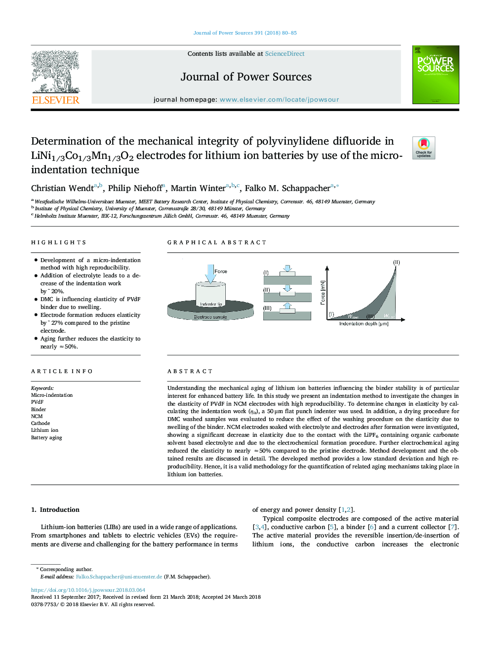 Determination of the mechanical integrity of polyvinylidene difluoride in LiNi1/3Co1/3Mn1/3O2 electrodes for lithium ion batteries by use of the micro-indentation technique