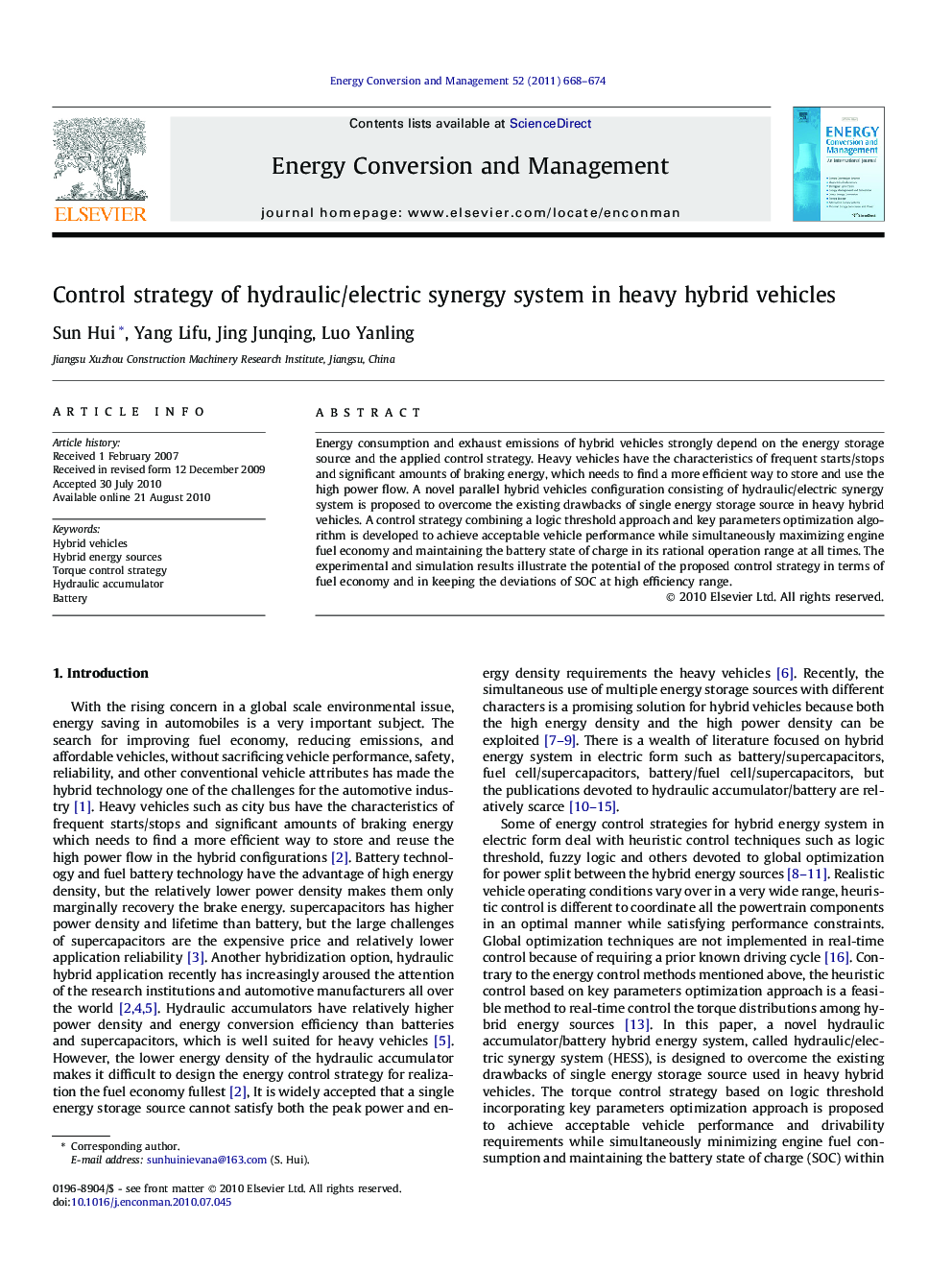Control strategy of hydraulic/electric synergy system in heavy hybrid vehicles