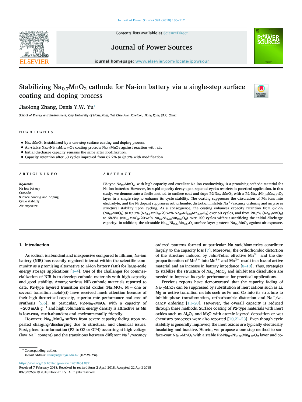 Stabilizing Na0.7MnO2 cathode for Na-ion battery via a single-step surface coating and doping process