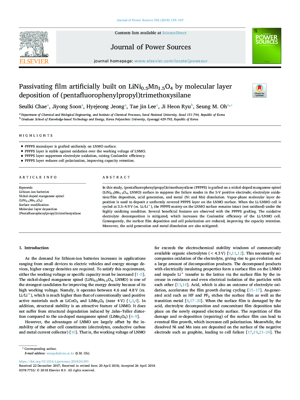 عکس صفحه اول مقاله: Passivating film artificially built on LiNi0.5Mn1.5O4 by molecular layer deposition of (pentafluorophenylpropyl)trimethoxysilane Passivating film artificially built on LiNi0.5Mn1.5O4 by molecular layer deposition of (pentafluorophenylpropyl)trimethoxysilane