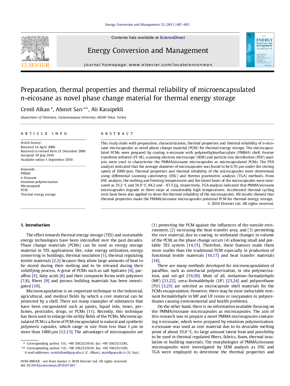 Preparation, thermal properties and thermal reliability of microencapsulated n-eicosane as novel phase change material for thermal energy storage