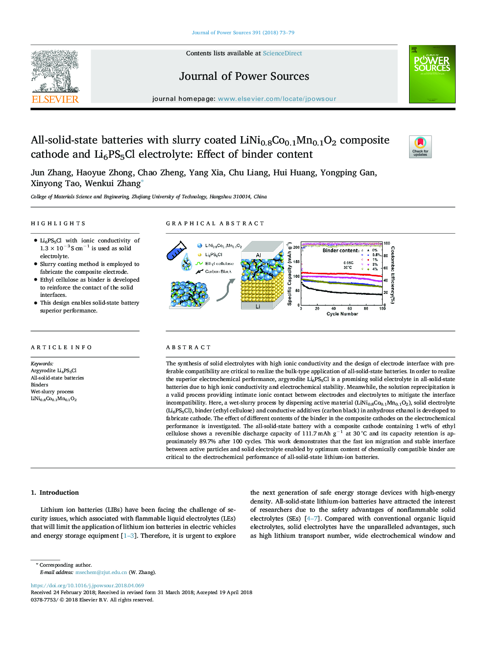 All-solid-state batteries with slurry coated LiNi0.8Co0.1Mn0.1O2 composite cathode and Li6PS5Cl electrolyte: Effect of binder content