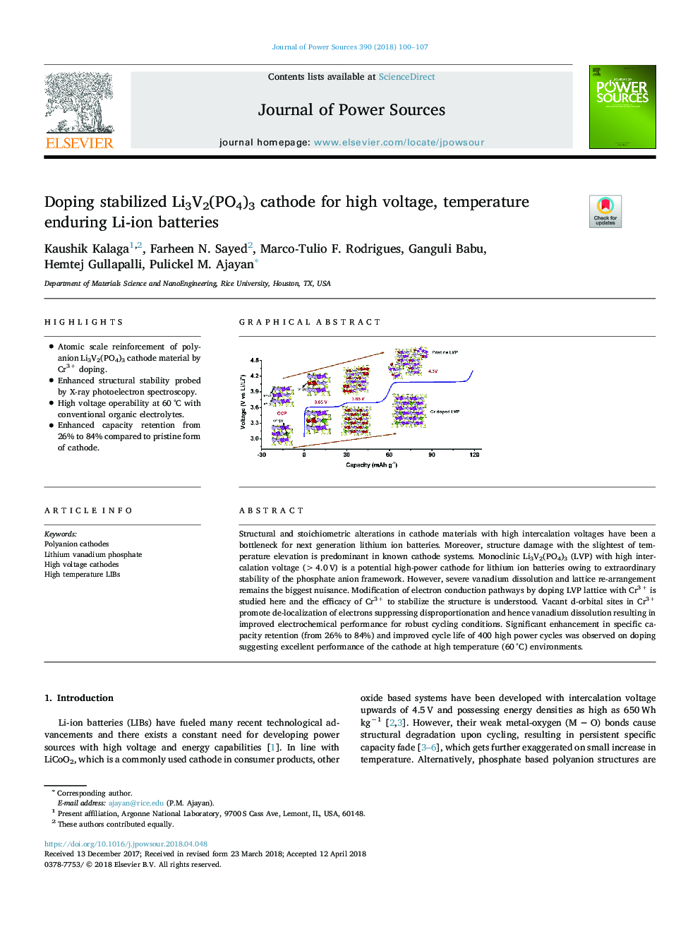 Doping stabilized Li3V2(PO4)3 cathode for high voltage, temperature enduring Li-ion batteries