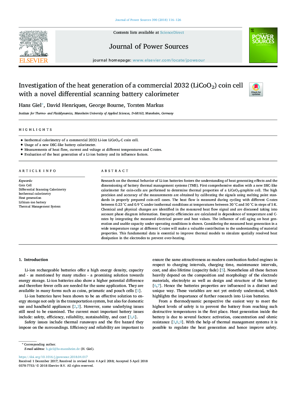 Investigation of the heat generation of a commercial 2032 (LiCoO2) coin cell with a novel differential scanning battery calorimeter