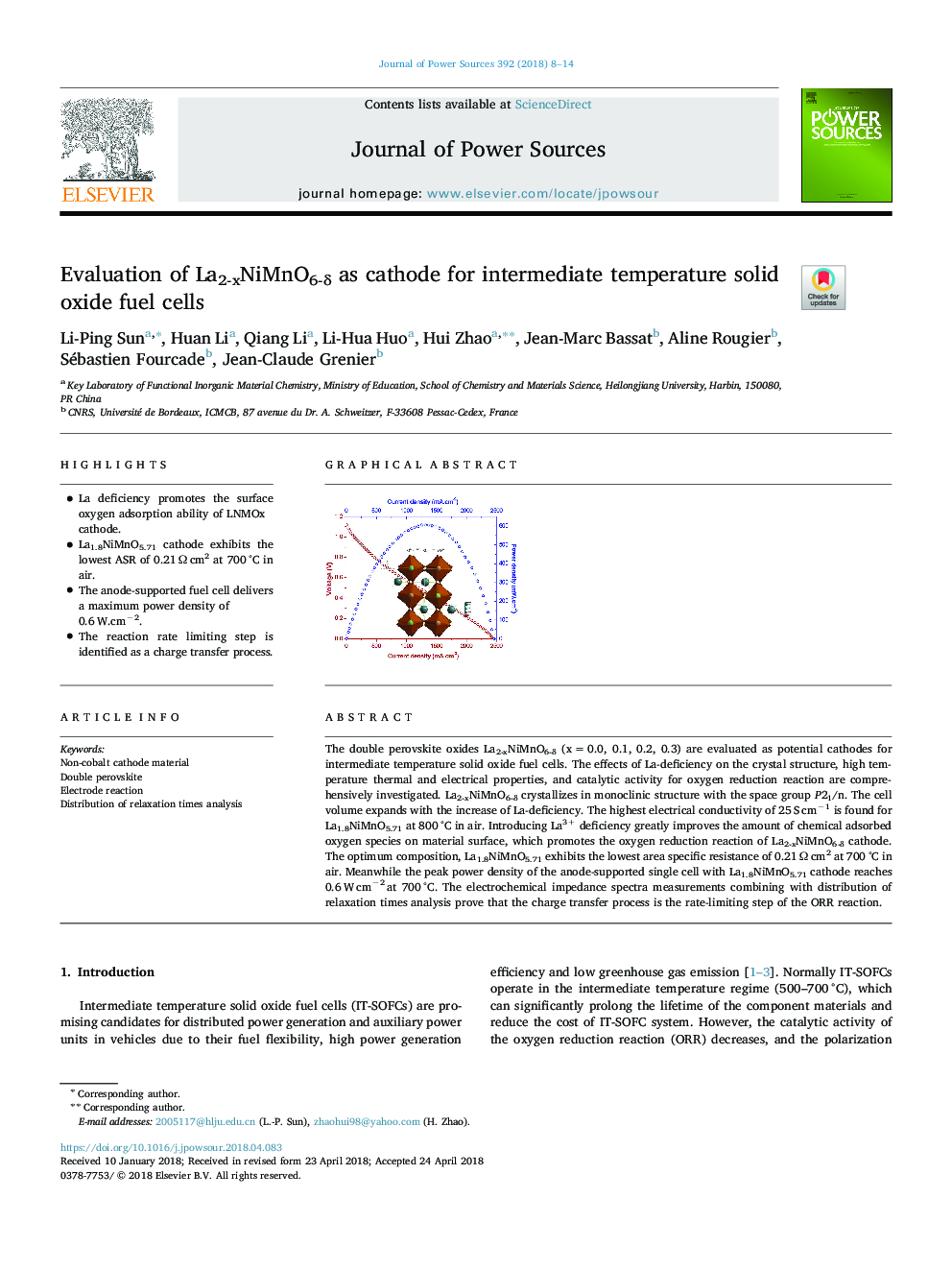 Evaluation of La2-xNiMnO6-Î´ as cathode for intermediate temperature solid oxide fuel cells
