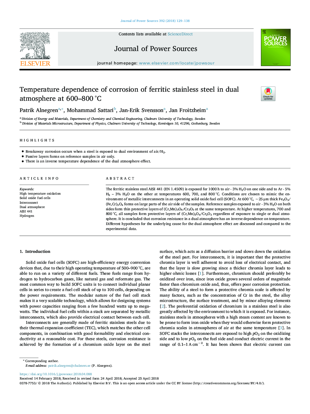 Temperature dependence of corrosion of ferritic stainless steel in dual atmosphere at 600-800â¯Â°C