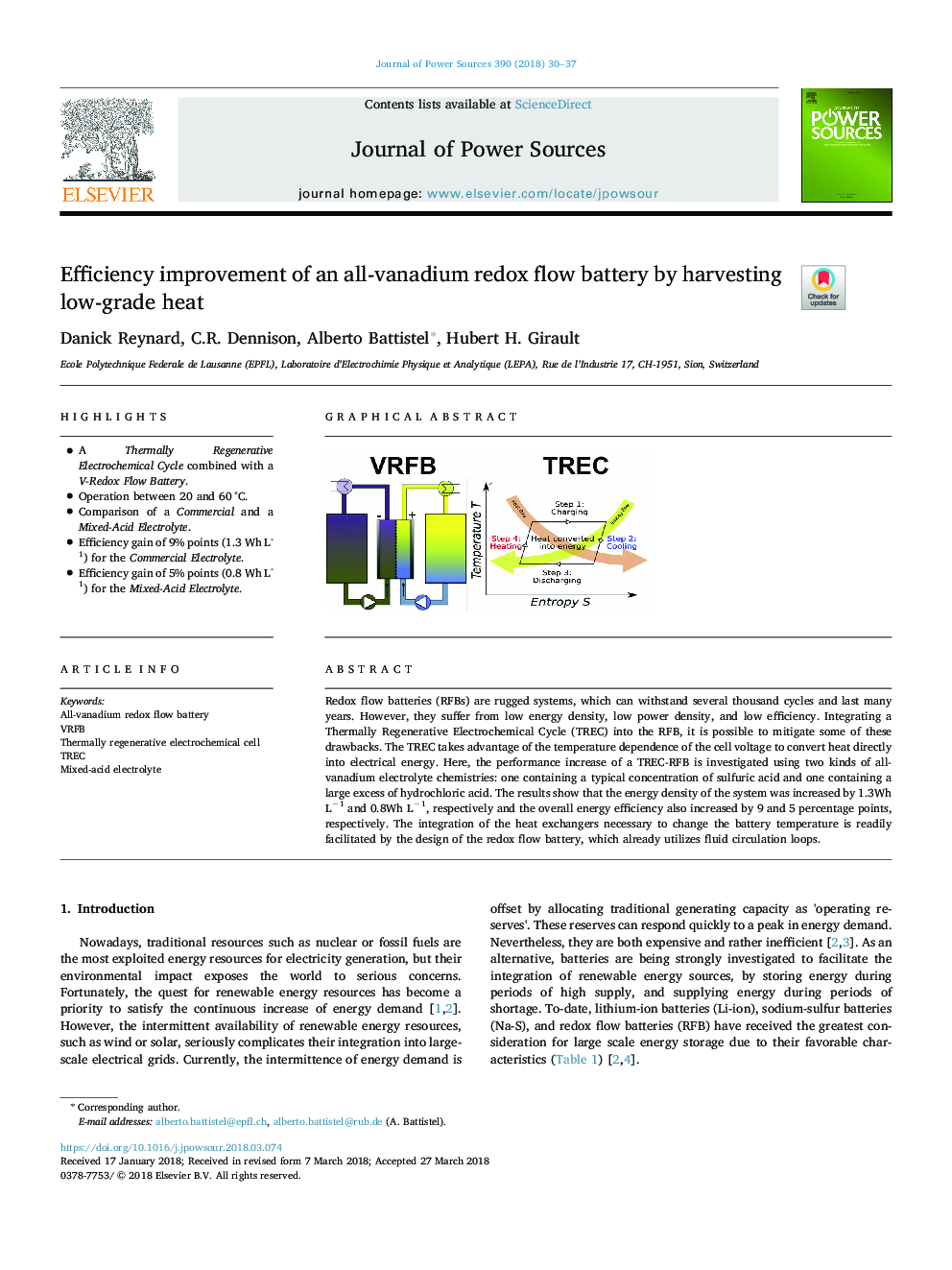 Efficiency improvement of an all-vanadium redox flow battery by harvesting low-grade heat