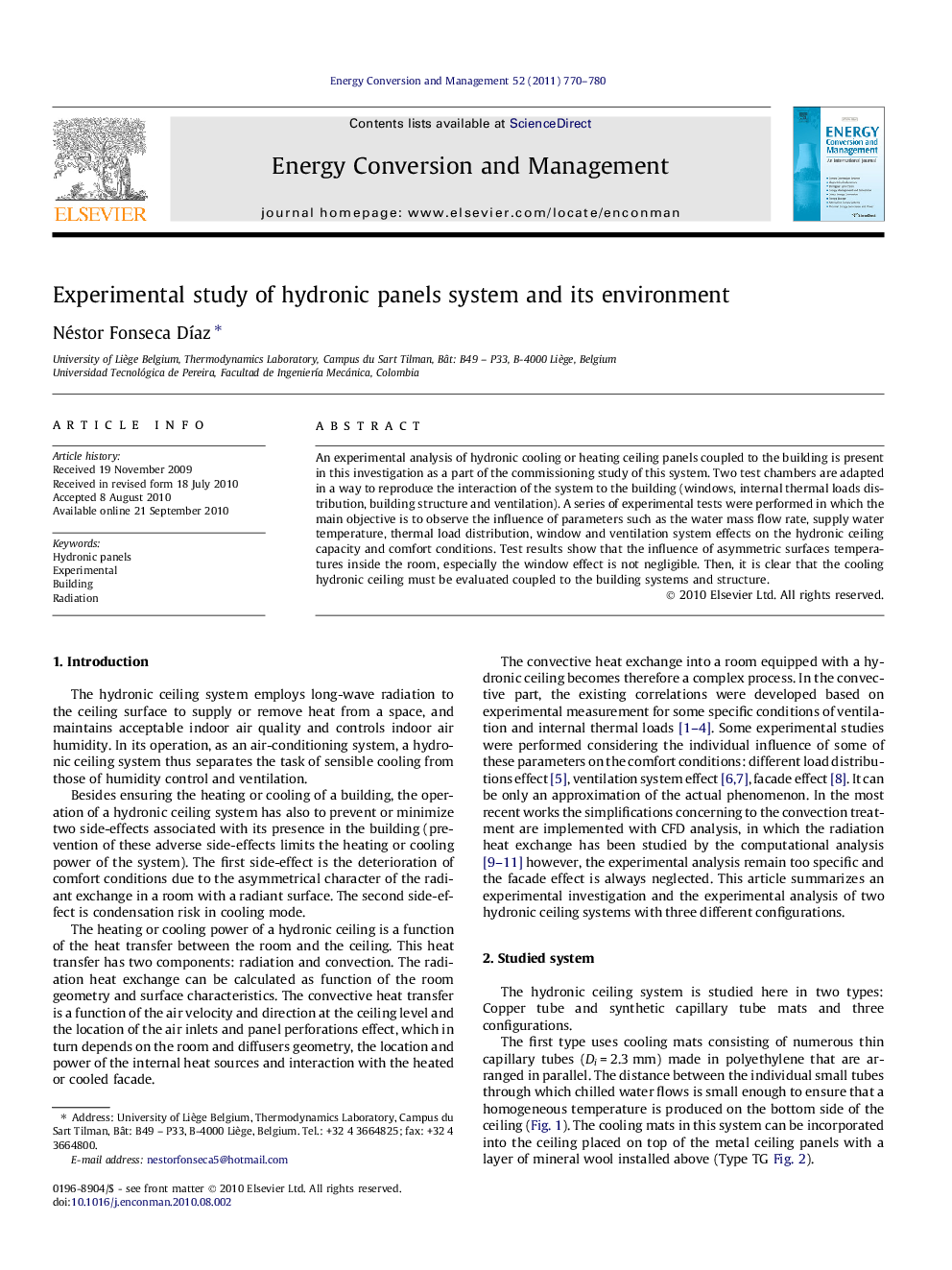 Experimental study of hydronic panels system and its environment