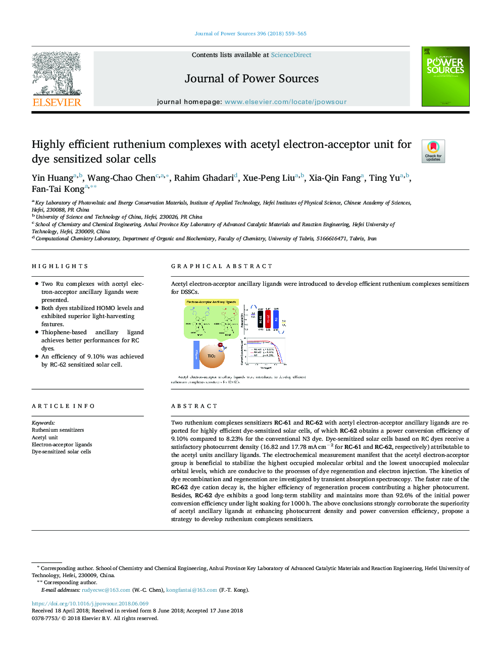 Highly efficient ruthenium complexes with acetyl electron-acceptor unit for dye sensitized solar cells