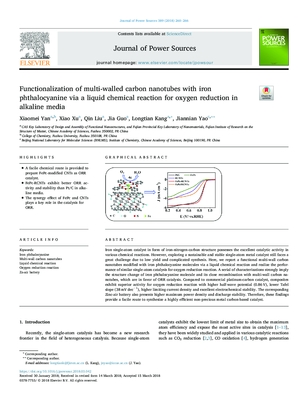 Functionalization of multi-walled carbon nanotubes with iron phthalocyanine via a liquid chemical reaction for oxygen reduction in alkaline media