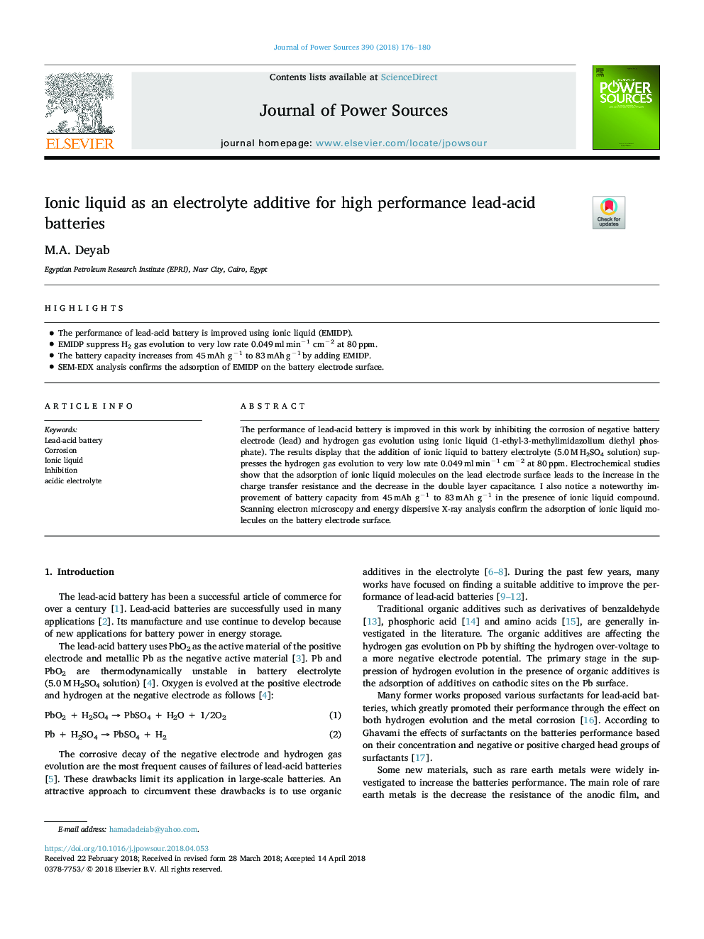 Ionic liquid as an electrolyte additive for high performance lead-acid batteries