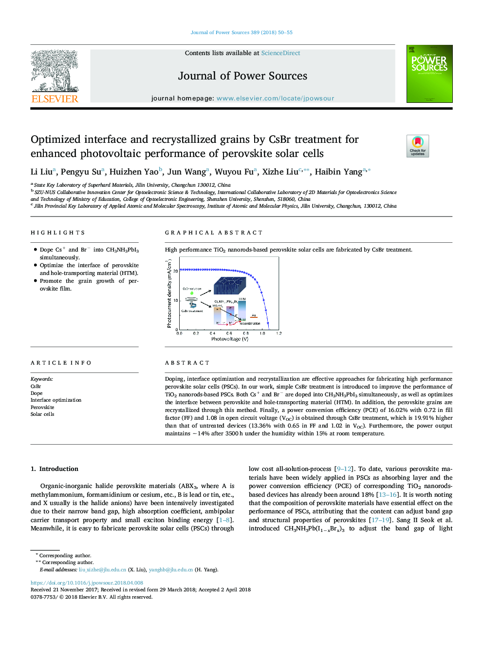 Optimized interface and recrystallized grains by CsBr treatment for enhanced photovoltaic performance of perovskite solar cells