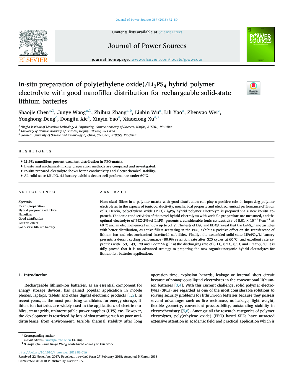 In-situ preparation of poly(ethylene oxide)/Li3PS4 hybrid polymer electrolyte with good nanofiller distribution for rechargeable solid-state lithium batteries