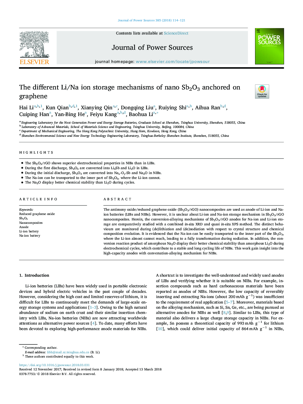 The different Li/Na ion storage mechanisms of nano Sb2O3 anchored on graphene