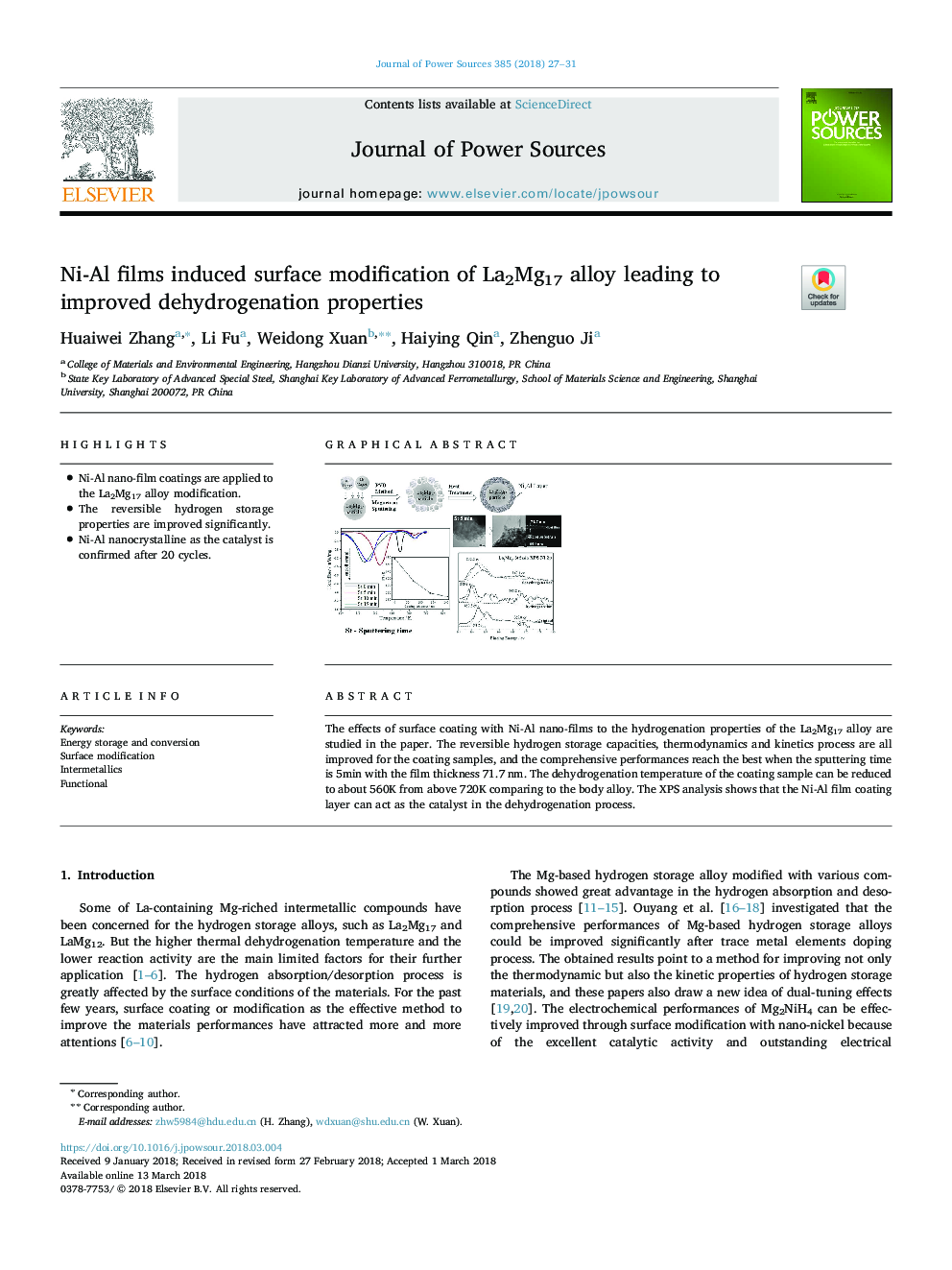 Ni-Al films induced surface modification of La2Mg17 alloy leading to improved dehydrogenation properties