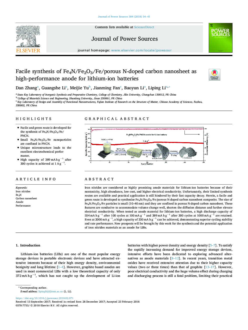 Facile synthesis of Fe4N/Fe2O3/Fe/porous N-doped carbon nanosheet as high-performance anode for lithium-ion batteries