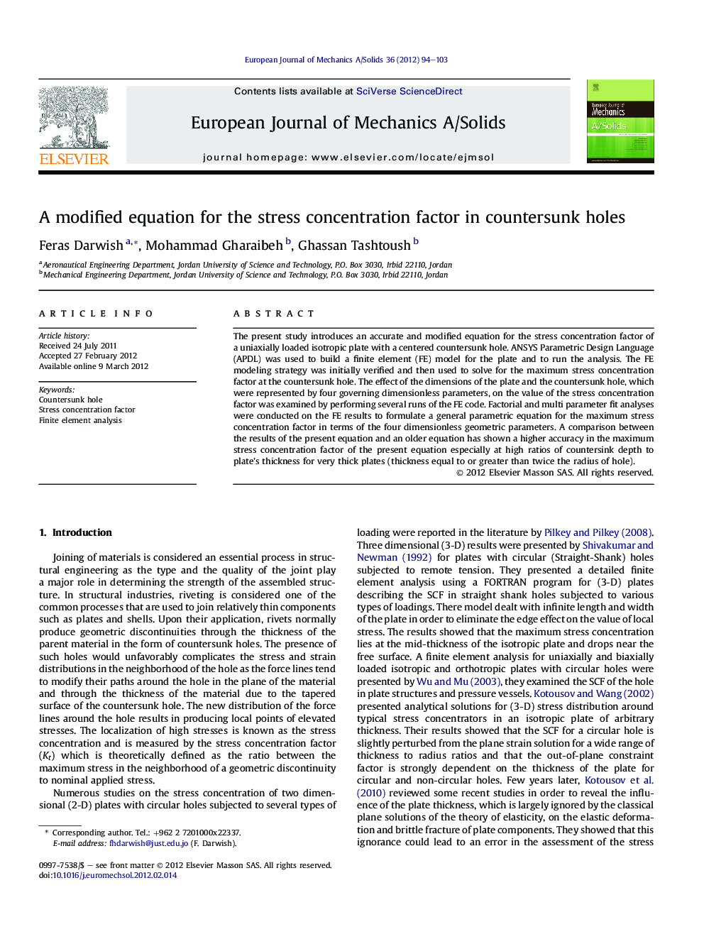 A modified equation for the stress concentration factor in countersunk holes