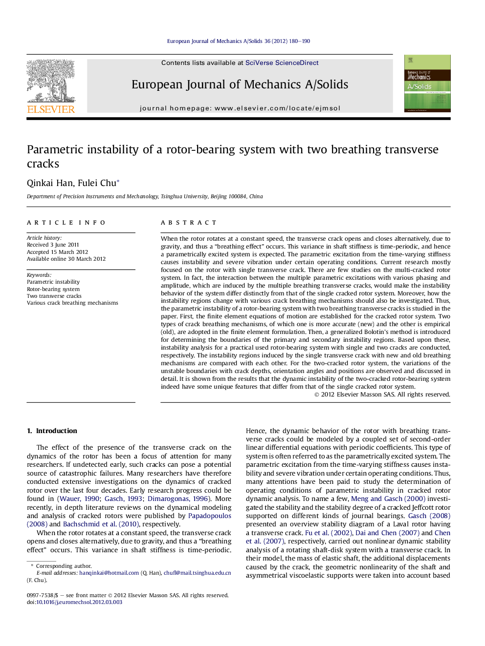 Parametric instability of a rotor-bearing system with two breathing transverse cracks