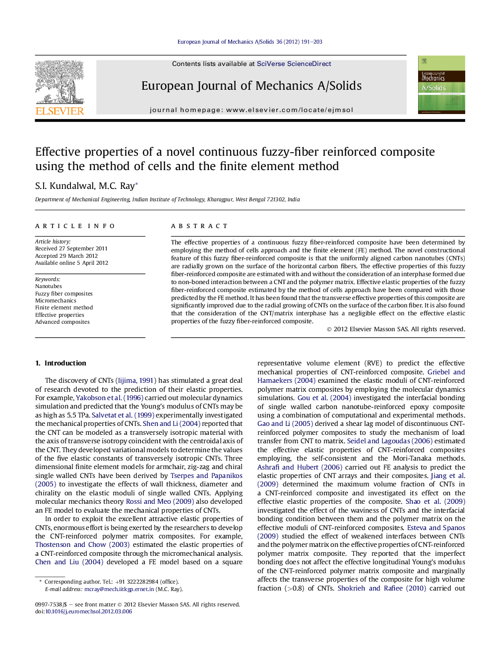 Effective properties of a novel continuous fuzzy-fiber reinforced composite using the method of cells and the finite element method