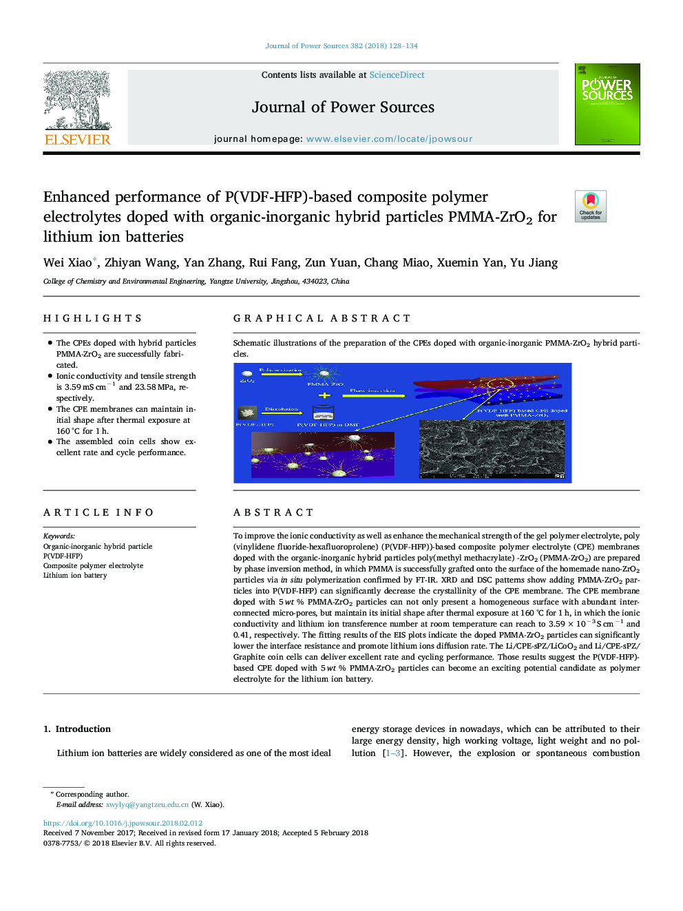 Enhanced performance of P(VDF-HFP)-based composite polymer electrolytes doped with organic-inorganic hybrid particles PMMA-ZrO2 for lithium ion batteries