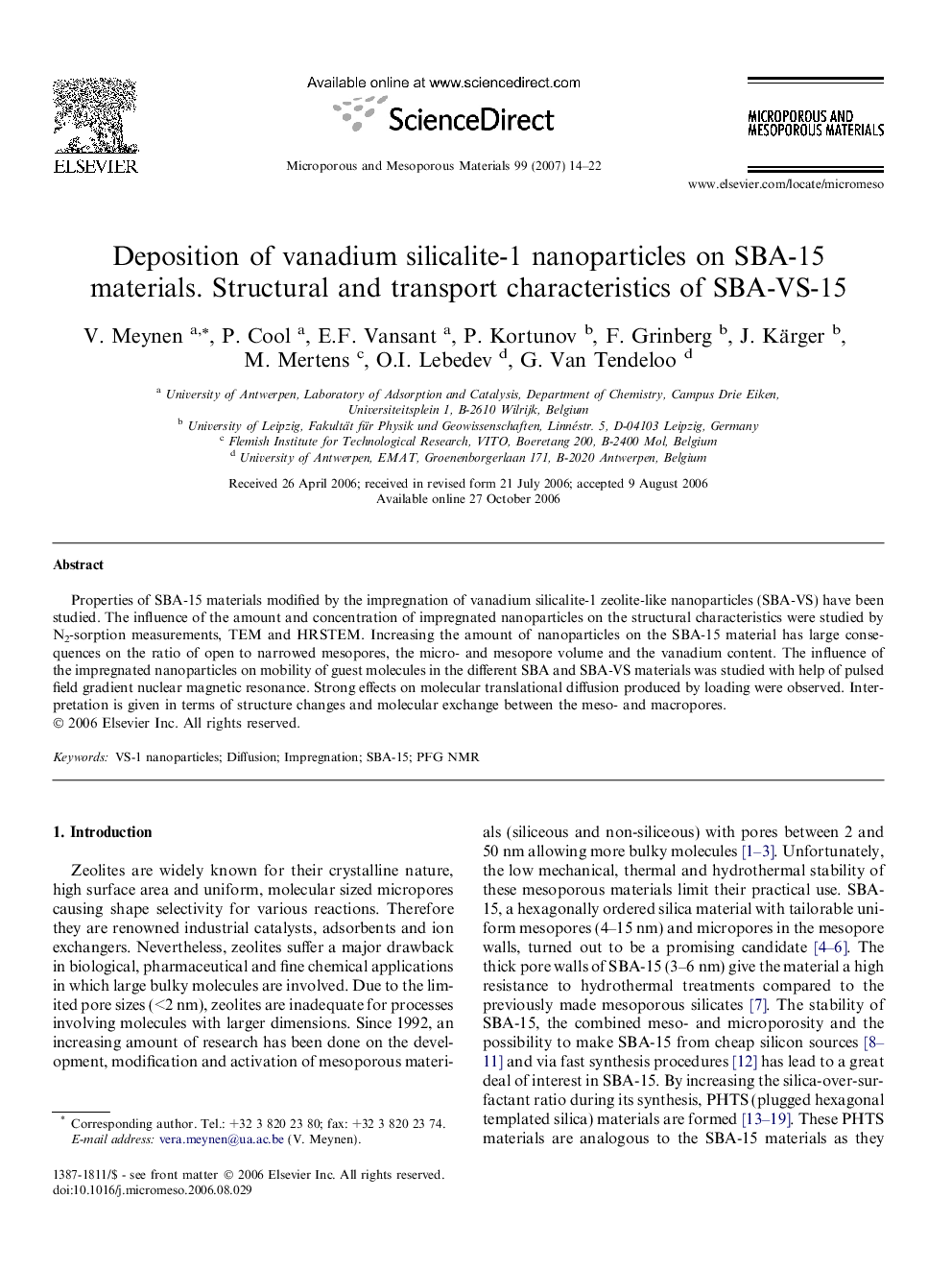 Deposition of vanadium silicalite-1 nanoparticles on SBA-15 materials. Structural and transport characteristics of SBA-VS-15