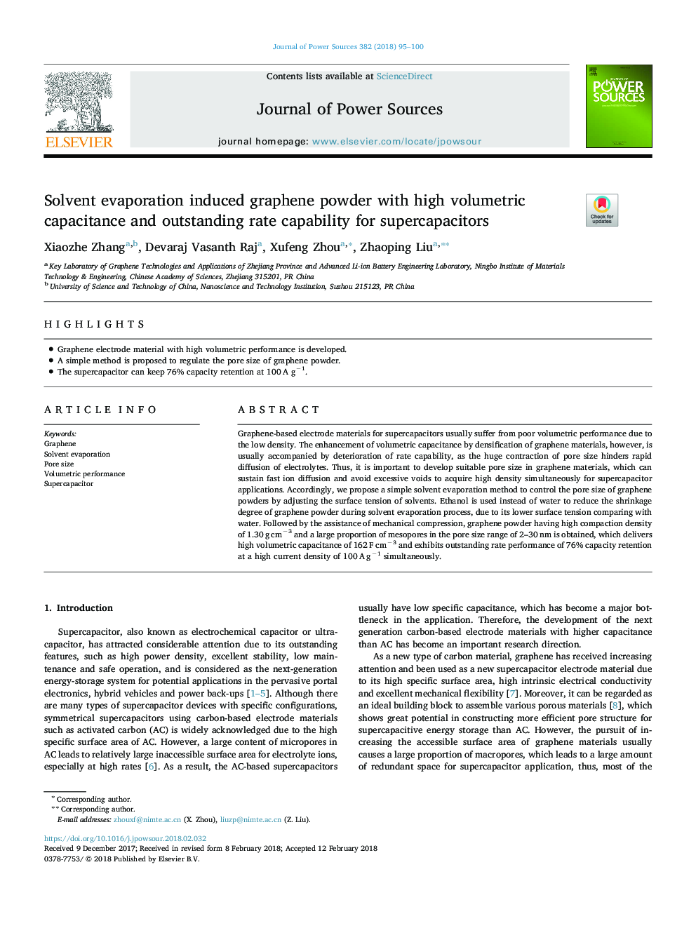 Solvent evaporation induced graphene powder with high volumetric capacitance and outstanding rate capability for supercapacitors