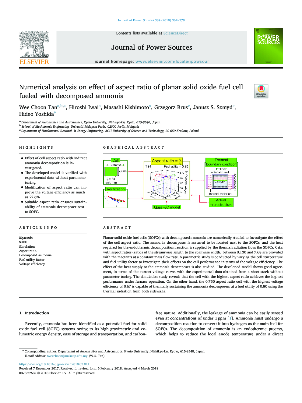 Numerical analysis on effect of aspect ratio of planar solid oxide fuel cell fueled with decomposed ammonia