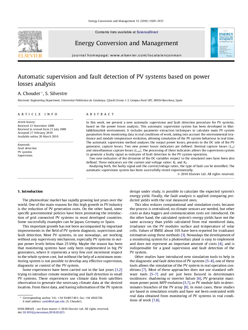 Automatic supervision and fault detection of PV systems based on power losses analysis