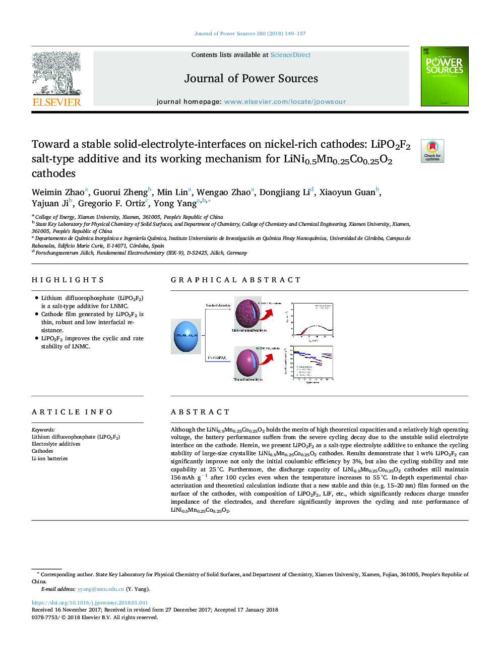 Toward a stable solid-electrolyte-interfaces on nickel-rich cathodes: LiPO2F2 salt-type additive and its working mechanism for LiNi0.5Mn0.25Co0.25O2 cathodes