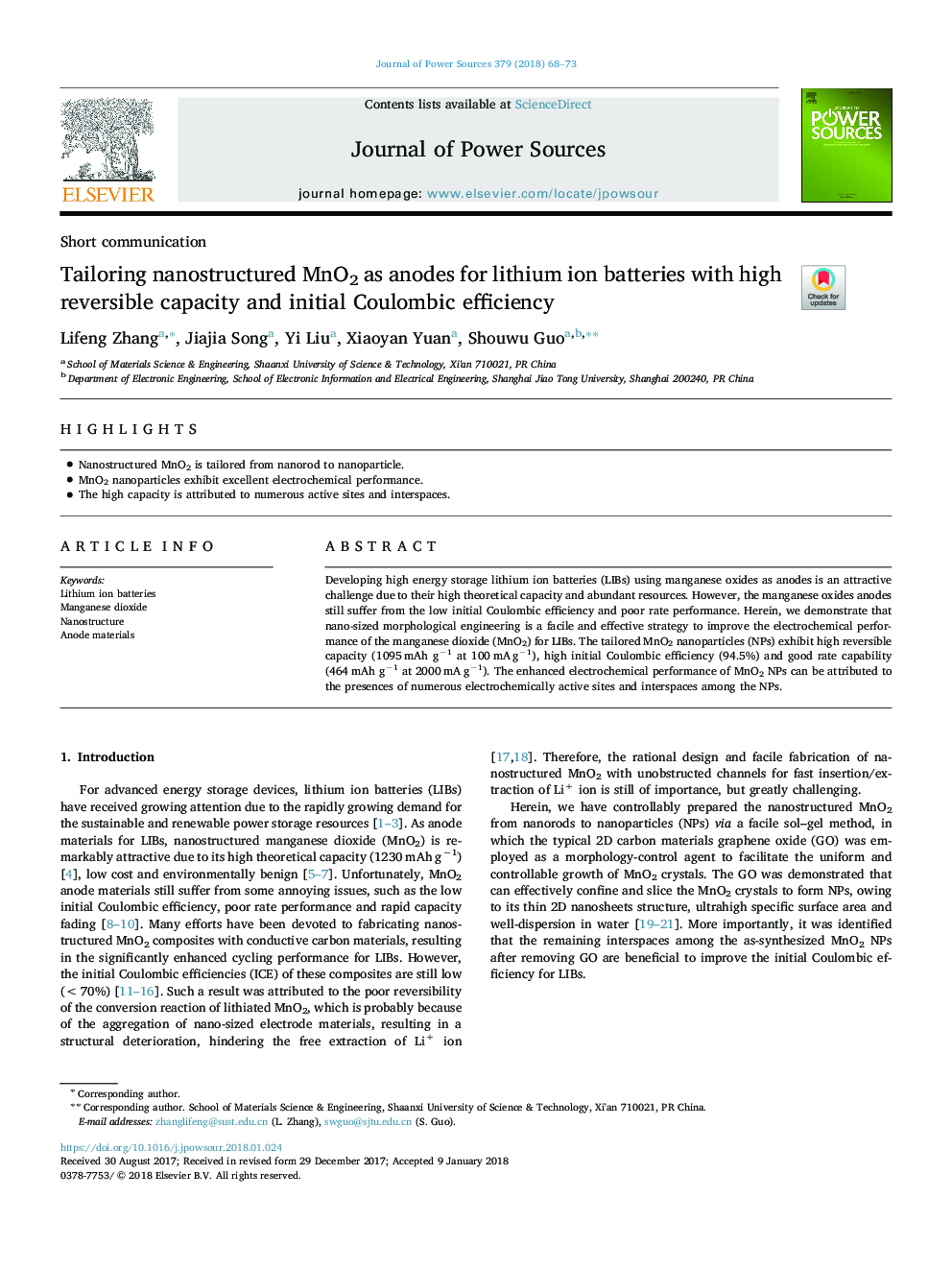 Tailoring nanostructured MnO2 as anodes for lithium ion batteries with high reversible capacity and initial Coulombic efficiency