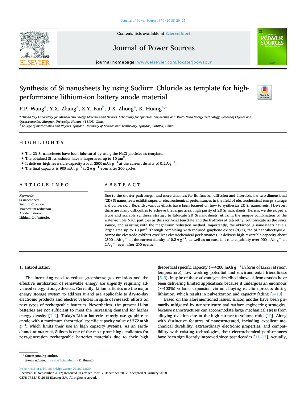 Synthesis of Si nanosheets by using Sodium Chloride as template for high-performance lithium-ion battery anode material