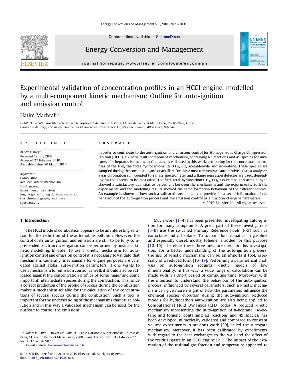 Experimental validation of concentration profiles in an HCCI engine, modelled by a multi-component kinetic mechanism: Outline for auto-ignition and emission control