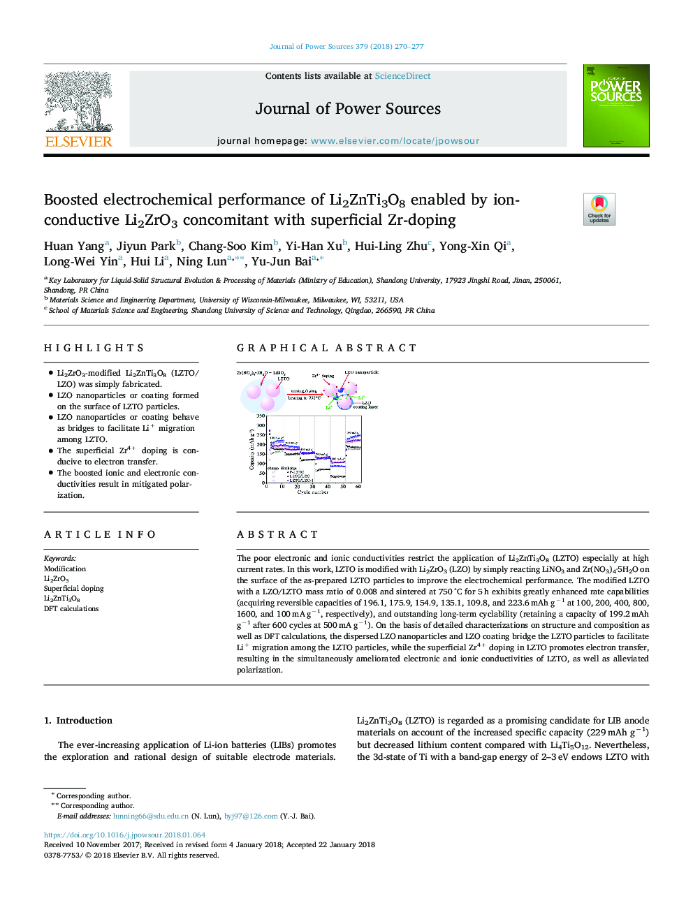 عکس صفحه اول مقاله: Boosted electrochemical performance of Li2ZnTi3O8 enabled by ion-conductive Li2ZrO3 concomitant with superficial Zr-doping Boosted electrochemical performance of Li2ZnTi3O8 enabled by ion-conductive Li2ZrO3 concomitant with superficial Zr-doping