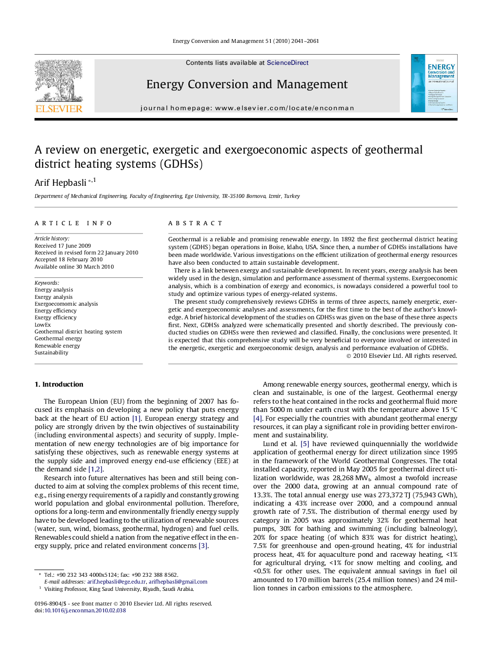 A review on energetic, exergetic and exergoeconomic aspects of geothermal district heating systems (GDHSs)