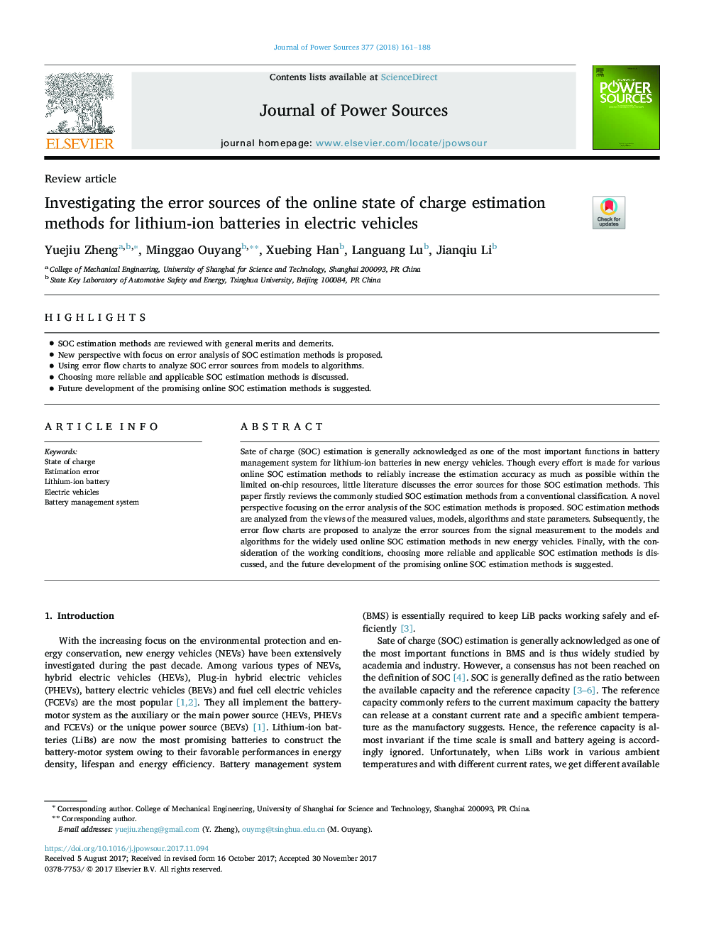 Investigating the error sources of the online state of charge estimation methods for lithium-ion batteries in electric vehicles