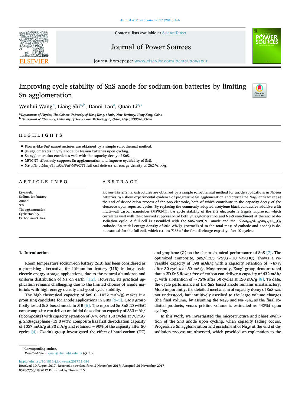 Improving cycle stability of SnS anode for sodium-ion batteries by limiting Sn agglomeration