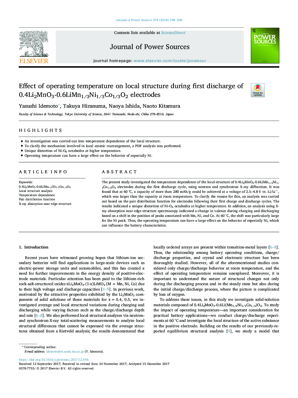 Effect of operating temperature on local structure during first discharge of 0.4Li2MnO3-0.6LiMn1/3Ni1/3Co1/3O2 electrodes