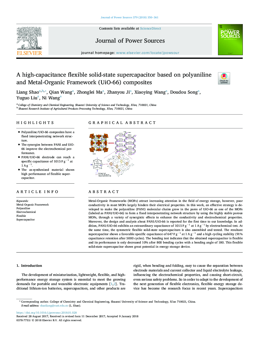 A high-capacitance flexible solid-state supercapacitor based on polyaniline and Metal-Organic Framework (UiO-66) composites