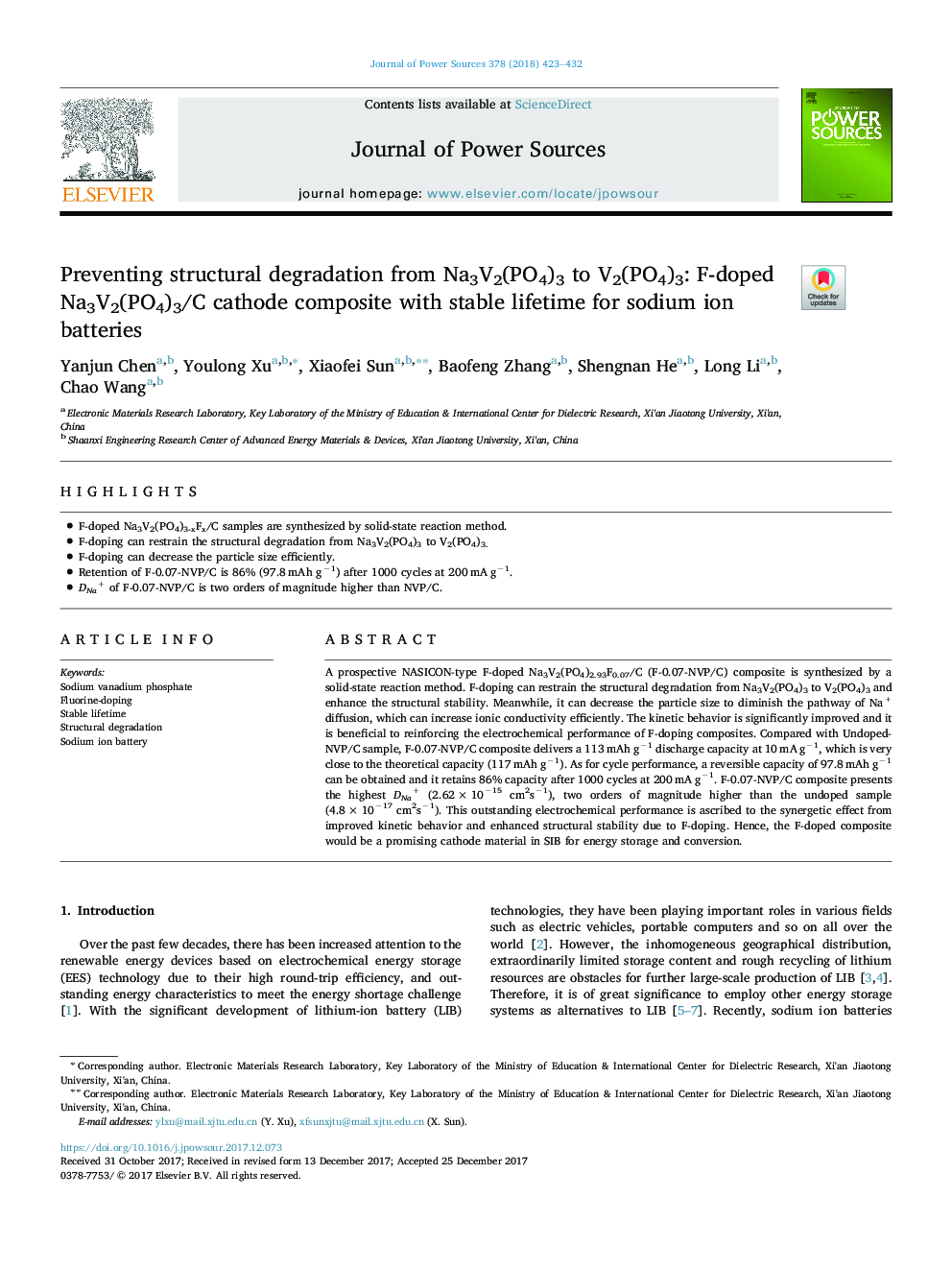 Preventing structural degradation from Na3V2(PO4)3 to V2(PO4)3: F-doped Na3V2(PO4)3/C cathode composite with stable lifetime for sodium ion batteries