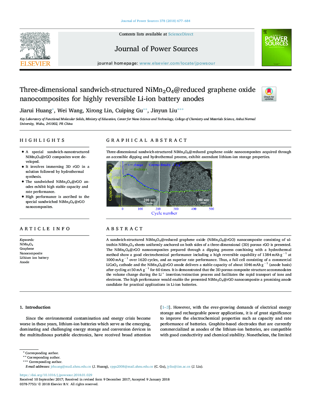 Three-dimensional sandwich-structured NiMn2O4@reduced graphene oxide nanocomposites for highly reversible Li-ion battery anodes