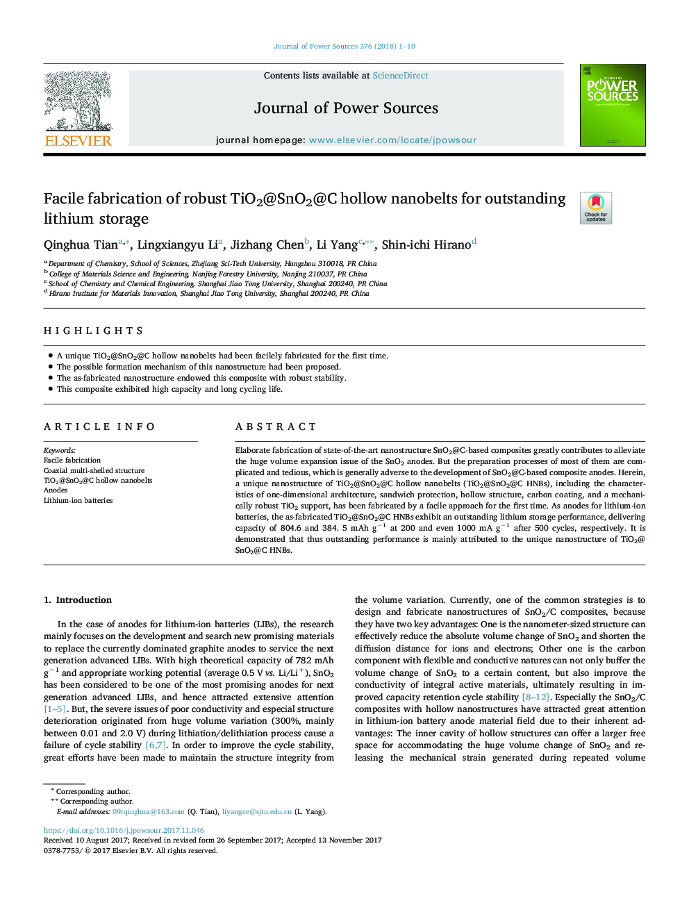 Facile fabrication of robust TiO2@SnO2@C hollow nanobelts for outstanding lithium storage