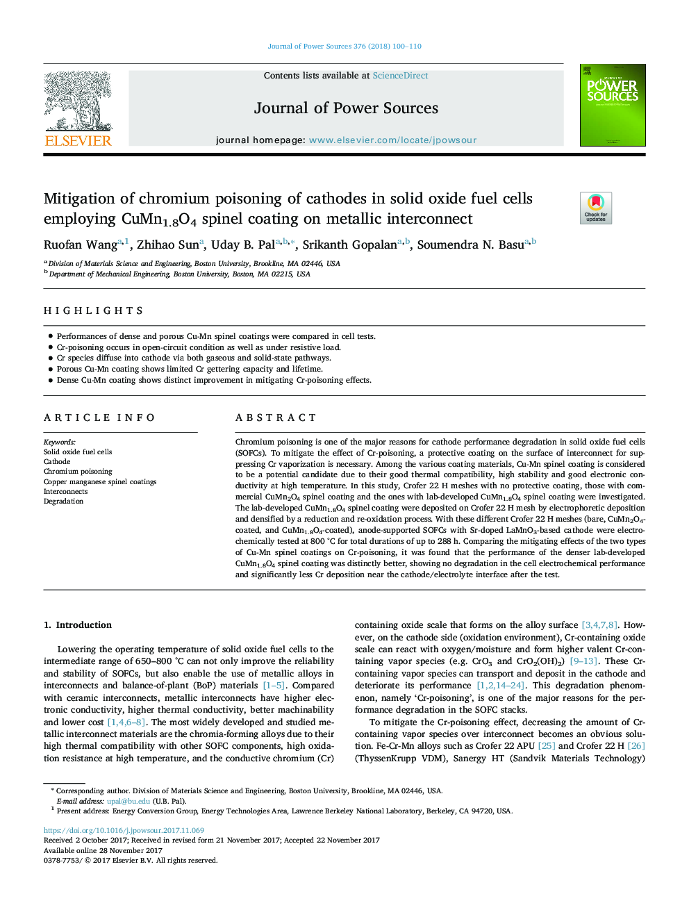 Mitigation of chromium poisoning of cathodes in solid oxide fuel cells employing CuMn1.8O4 spinel coating on metallic interconnect