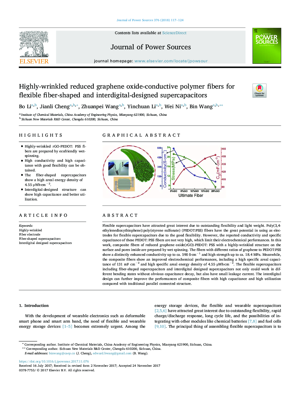 Highly-wrinkled reduced graphene oxide-conductive polymer fibers for flexible fiber-shaped and interdigital-designed supercapacitors