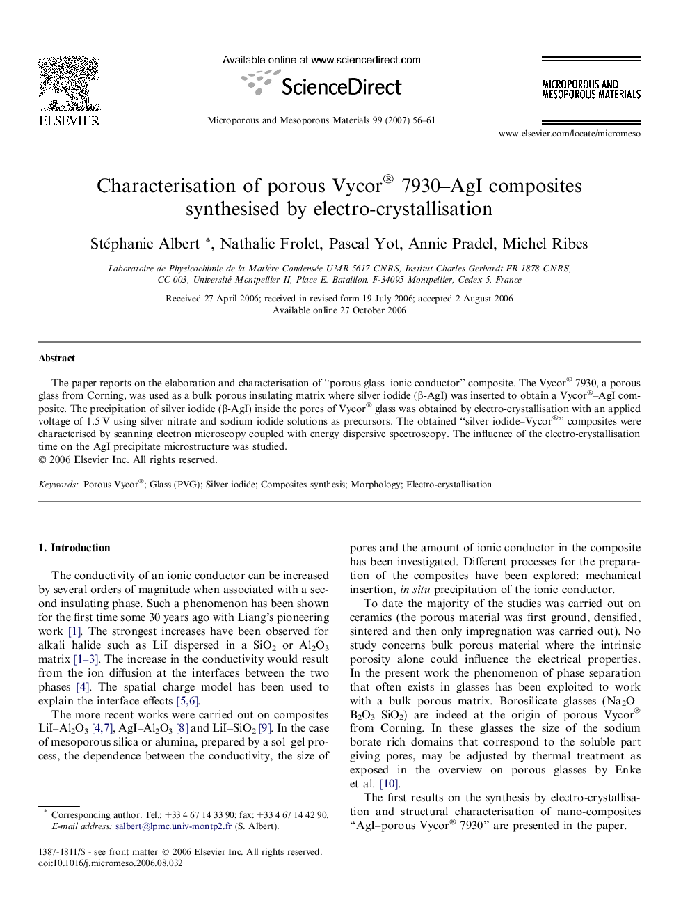 Characterisation of porous Vycor® 7930–AgI composites synthesised by electro-crystallisation